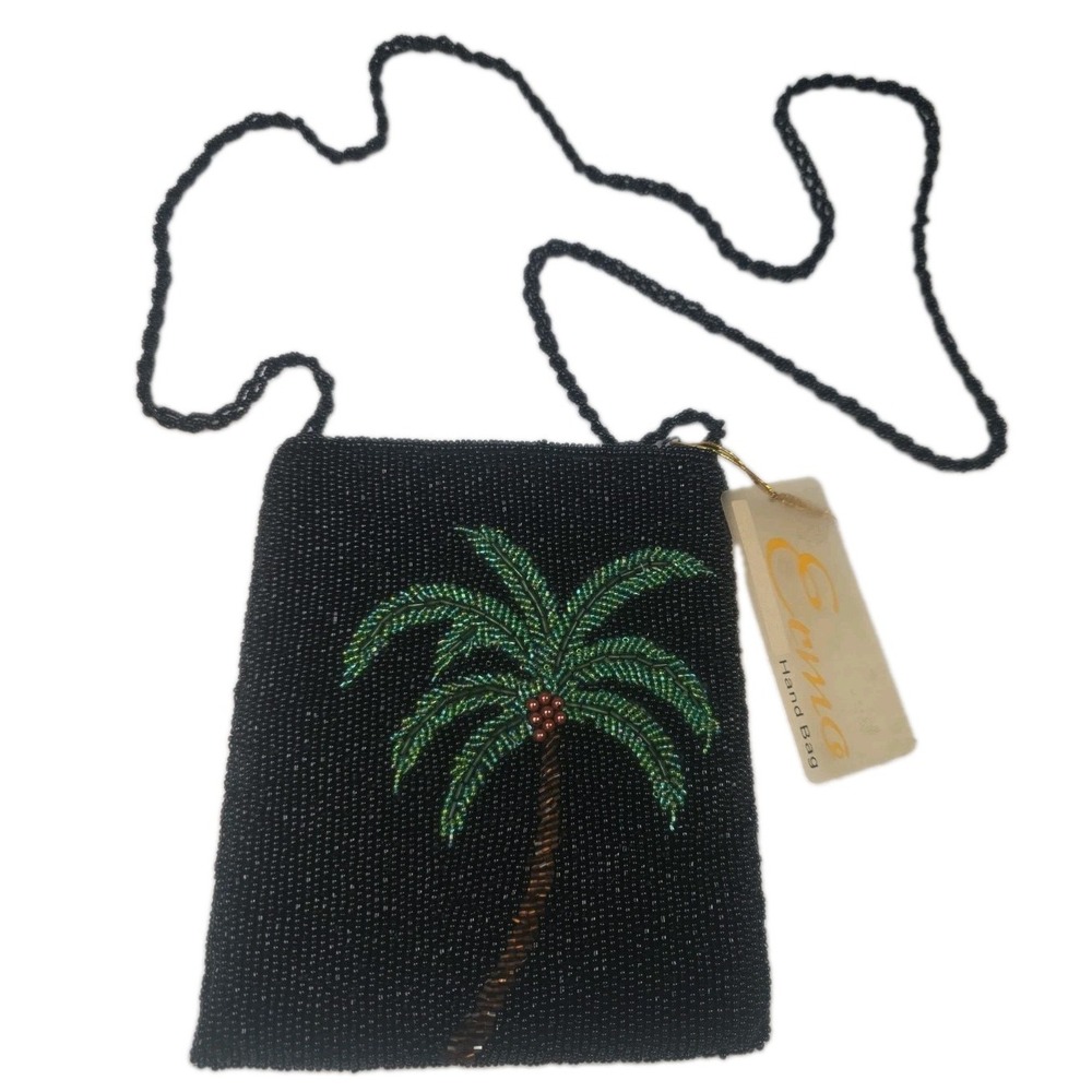 Vintage Ermo Black Beaded Palm Tree Crossbody Purse Mini Bag